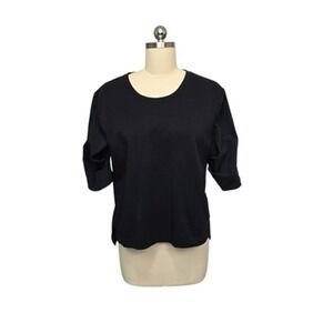 Athleta Shirt Womens Small Black Mixed Media Puff Elbow Sleeve Crewneck Top‎